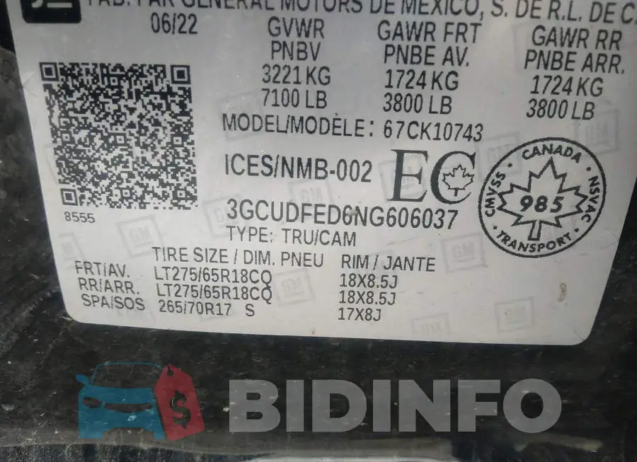 3GCUDFED6NG606037 Photo# 9