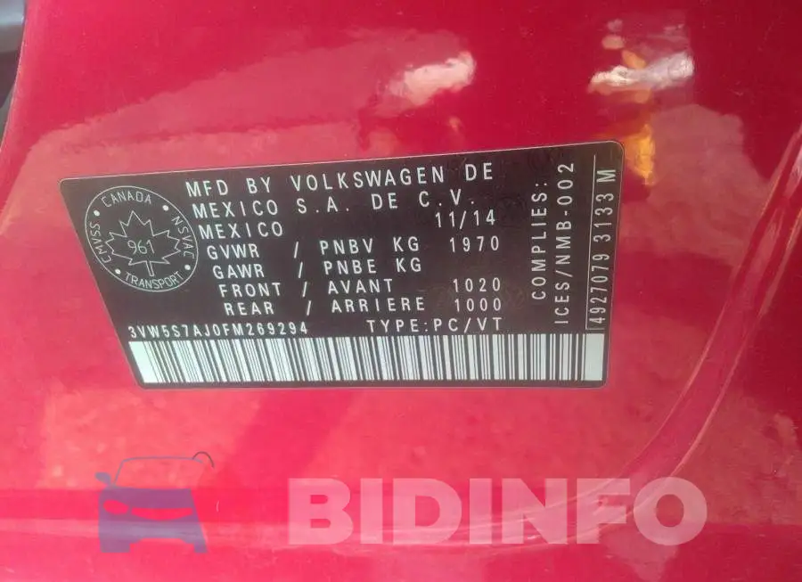 3VW5S7AJ0FM269294 Photo# 9
