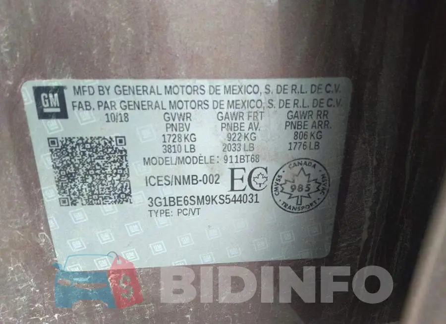 3G1BE6SM9KS544031 Photo# 9