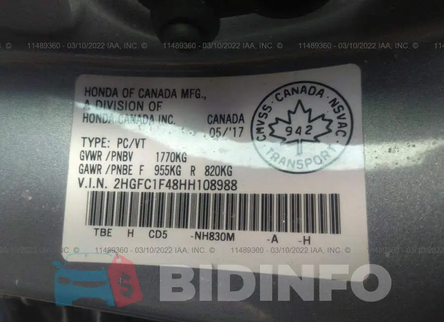 2HGFC1F48HH108988 Photo# 9