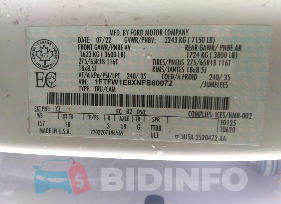 1FTFW1E8XNFB80072 Photo# 9