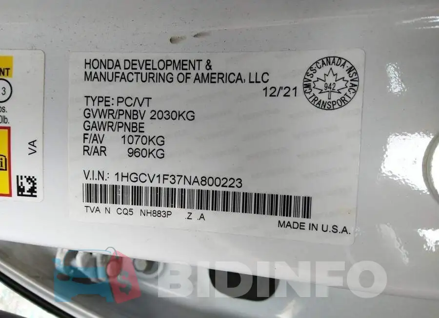 1HGCV1F37NA800223 Photo# 9