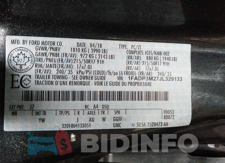 1FADP3M27JL329133 Photo# 9
