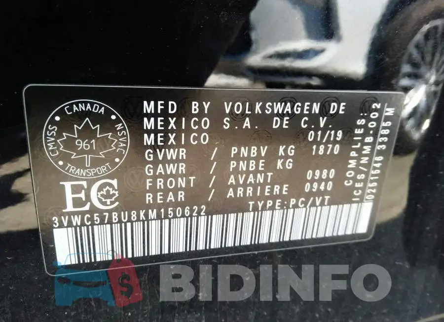 3VWC57BU8KM150622 Photo# 9