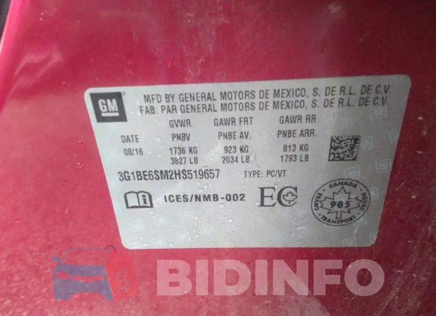 3G1BE6SM2HS519657 Photo# 9