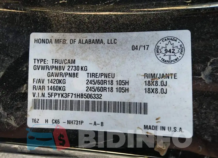 5FPYK3F71HB506332 Photo# 9