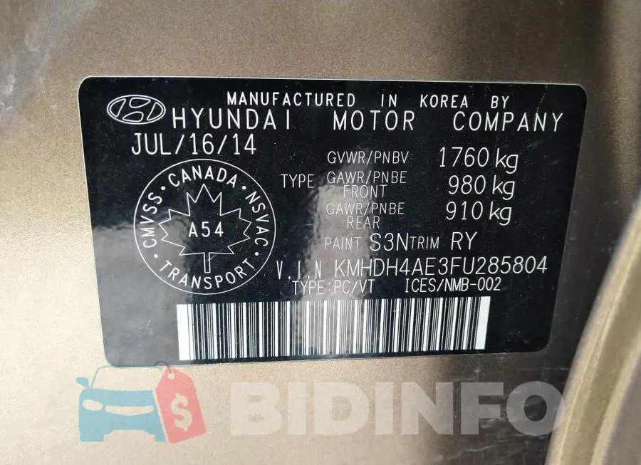 KMHDH4AE3FU285804 Photo# 9