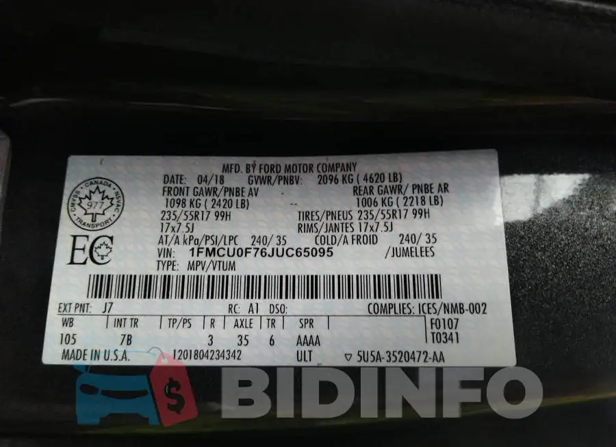 1FMCU0F76JUC65095 Photo# 9
