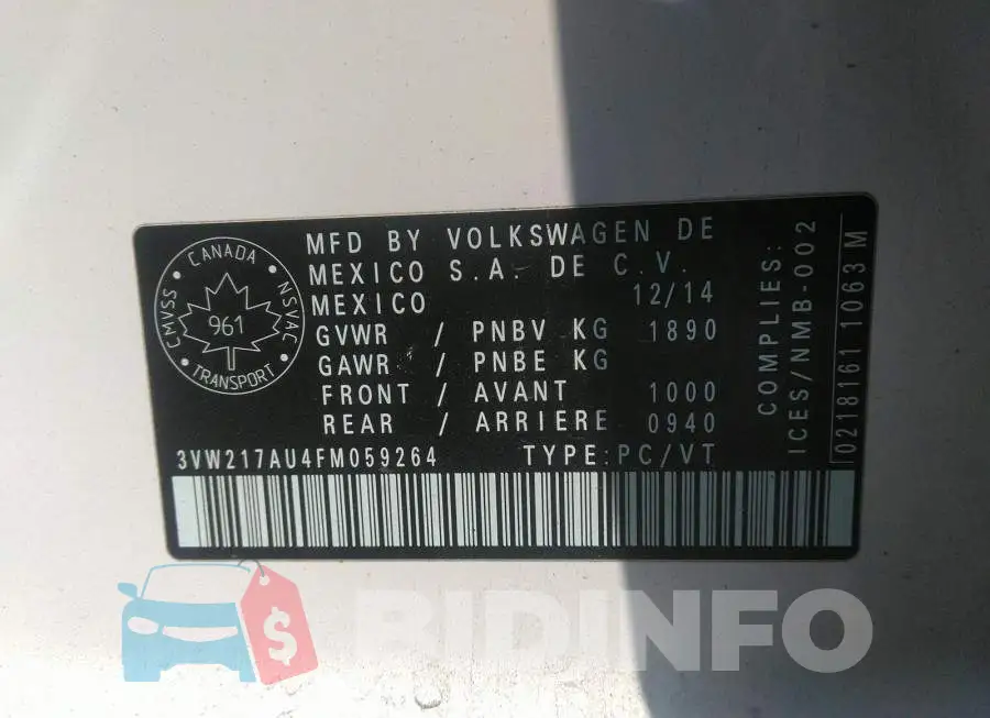 3VW217AU4FM059264 Photo# 9