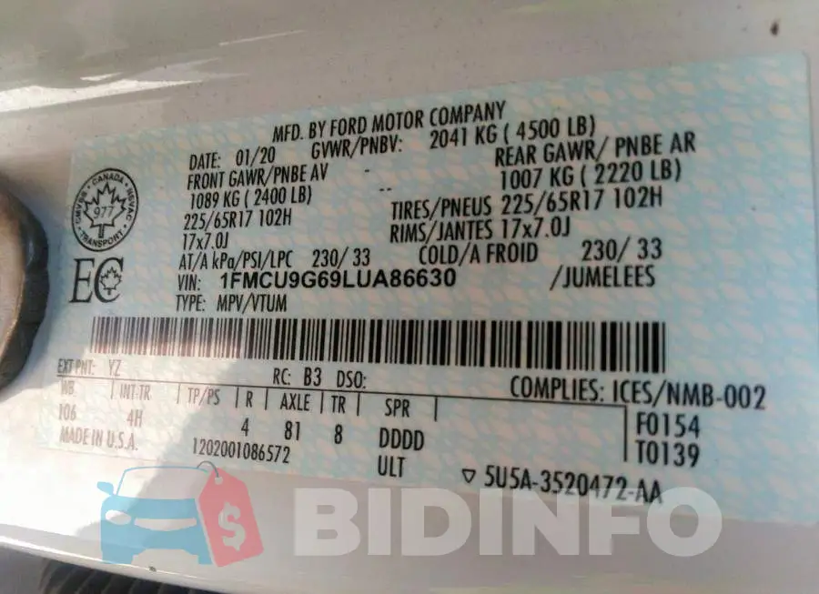 1FMCU9G69LUA86630 Photo# 9