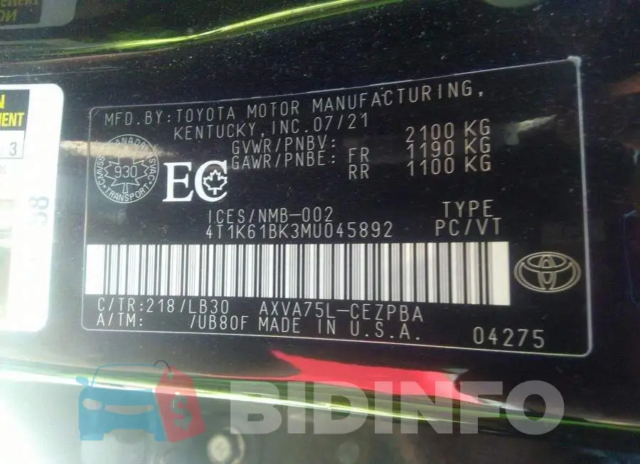 4T1K61BK3MU045892 Photo# 9