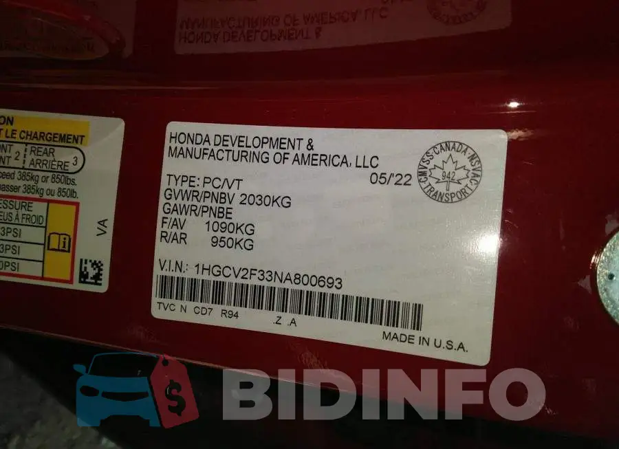 1HGCV2F33NA800693 Photo# 9