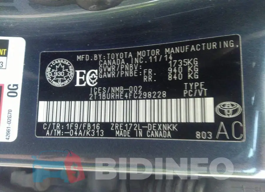 2T1BURHE4FC298228 Photo# 9