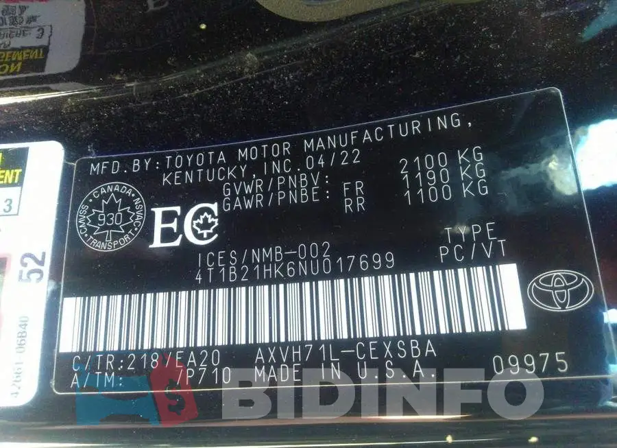 4T1B21HK6NU017699 Photo# 9