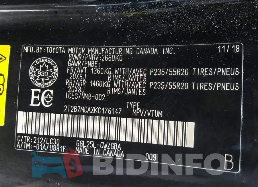 2T2BZMCAXKC176147 Photo# 9
