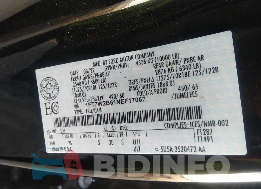 1FT7W2B61NEF17067 Photo# 9
