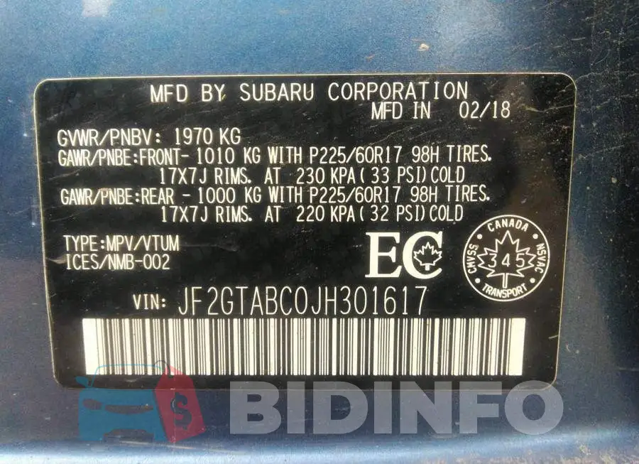 JF2GTABC0JH301617 Photo# 9