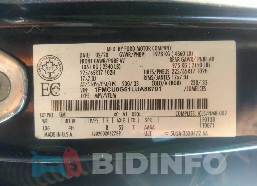 1FMCU0G61LUA86701 Photo# 9