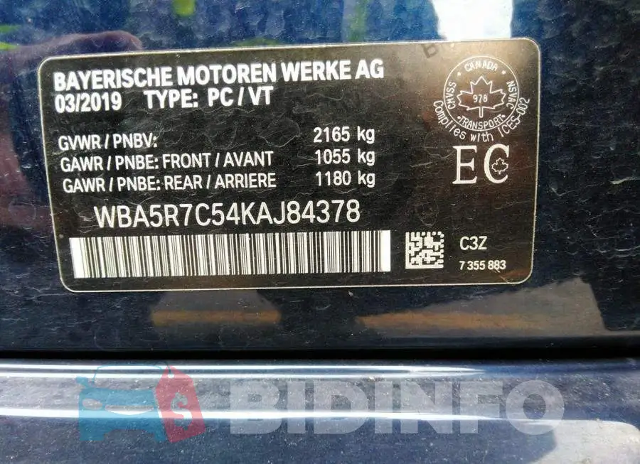 WBA5R7C54KAJ84378 Photo# 9