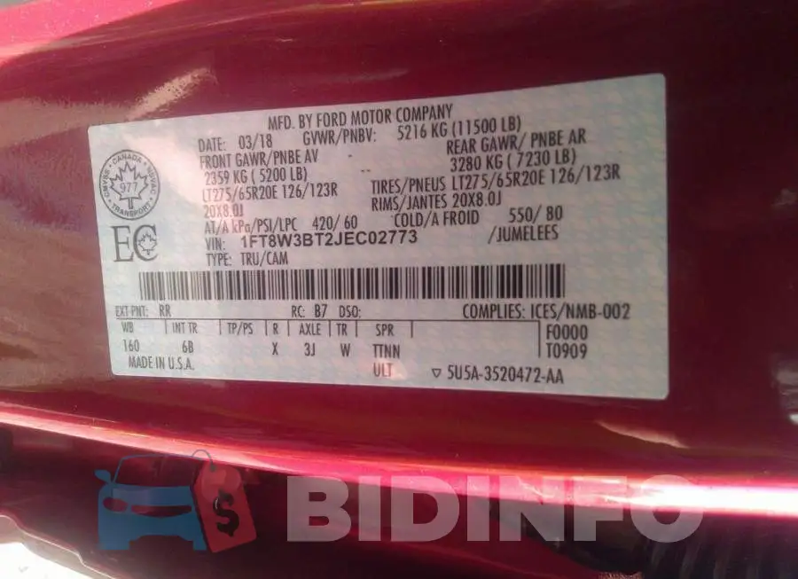 1FT8W3BT2JEC02773 Photo# 9