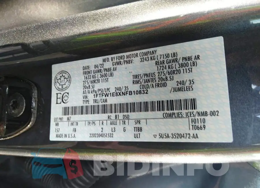 1FTFW1E8XNFB10832 Photo# 9