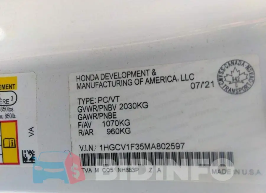 1HGCV1F35MA802597 Photo# 9