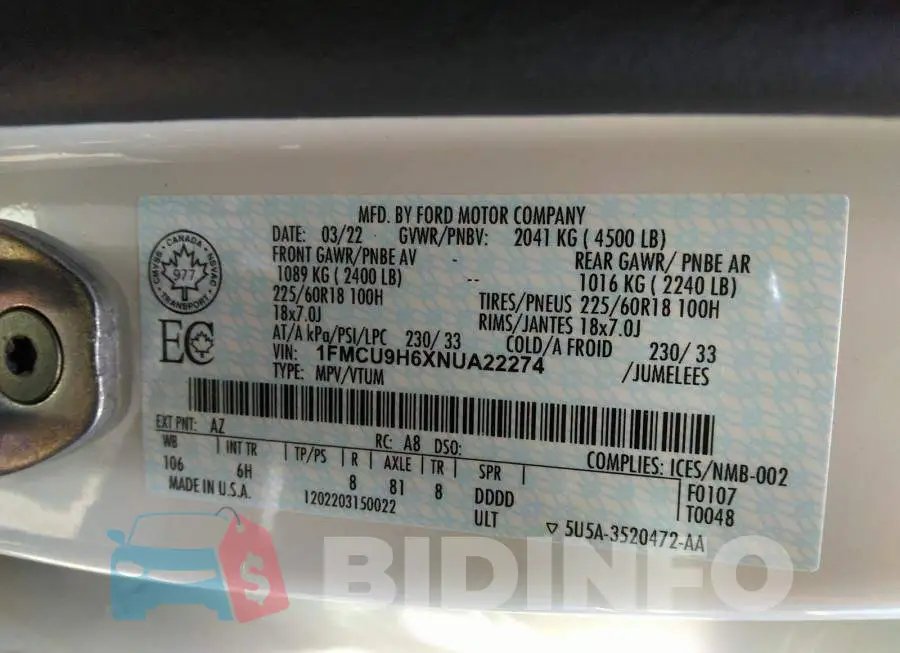 1FMCU9H6XNUA22274 Photo# 9