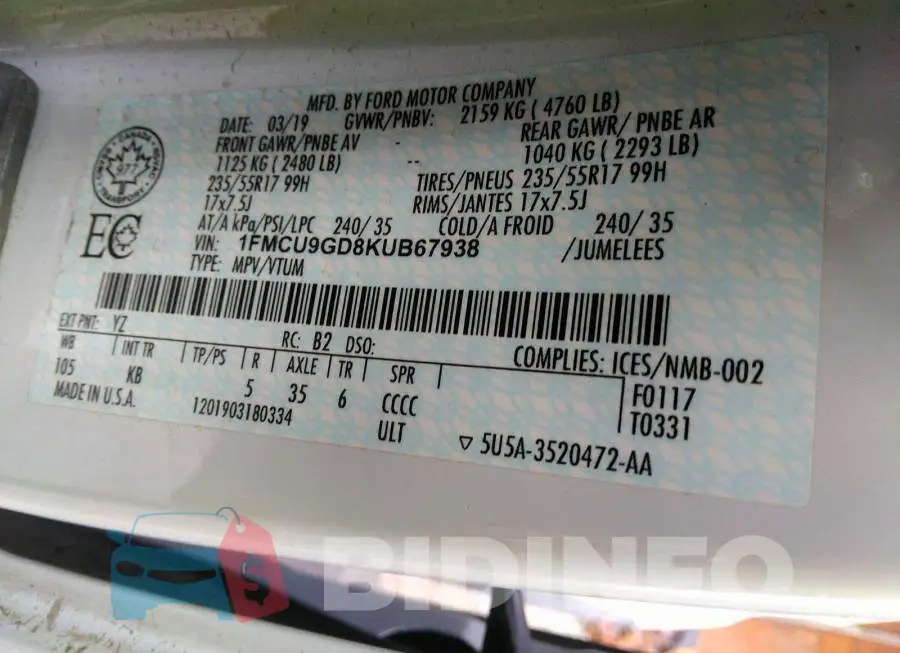 1FMCU9GD8KUB67938 Photo# 9