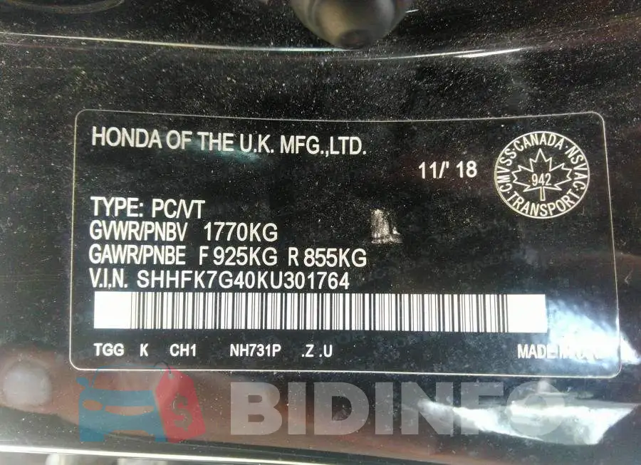 SHHFK7G40KU301764 Photo# 9