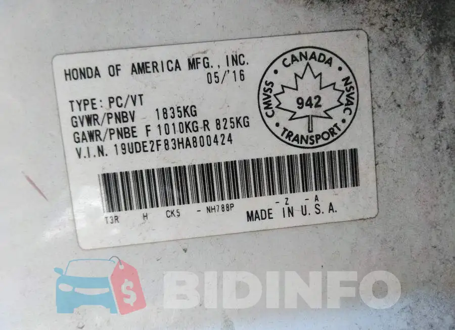 19UDE2F83HA800424 Photo# 9