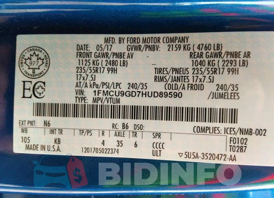 1FMCU9GD7HUD89590 Photo# 9