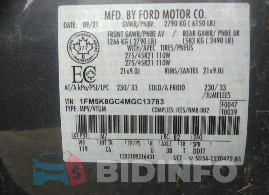 1FM5K8GC4MGC13783 Photo# 9