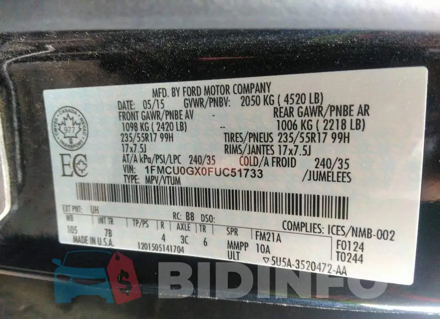 1FMCU0GX0FUC51733 Photo# 9