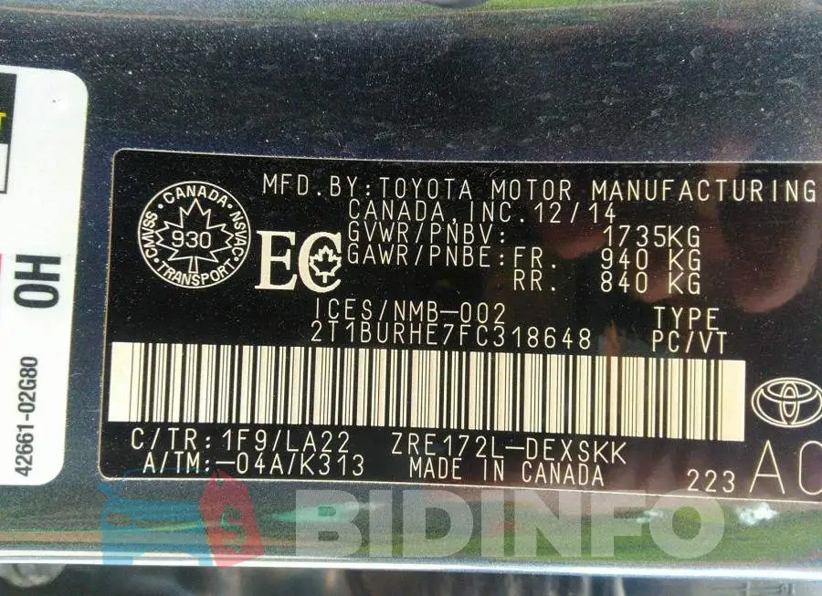 2T1BURHE7FC318648 Photo# 9