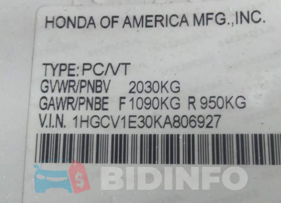 1HGCV1E30KA806927 Photo# 9