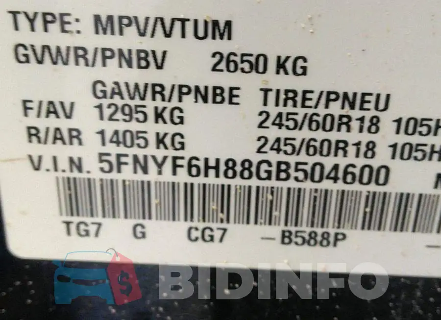 5FNYF6H88GB504600 Photo# 9