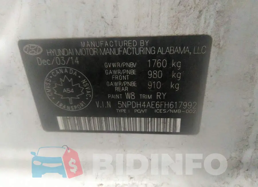 5NPDH4AE6FH617992 Photo# 9