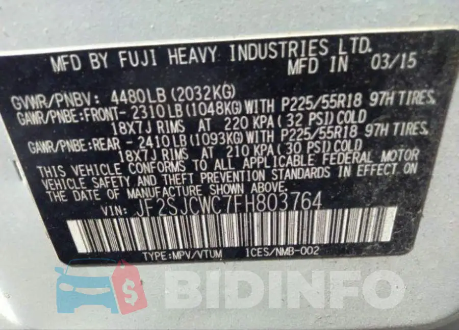 JF2SJCWC7FH803764 Photo# 10
