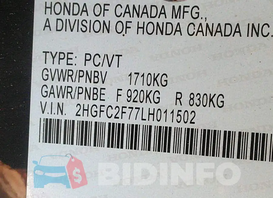 2HGFC2F77LH011502 Photo# 9