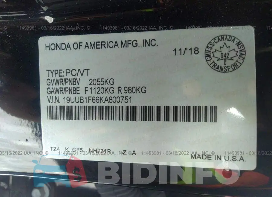 19UUB1F66KA800751 Photo# 9