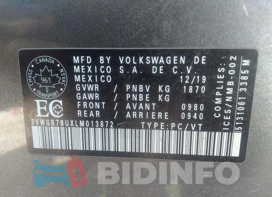 3VWGB7BUXLM013872 Photo# 9