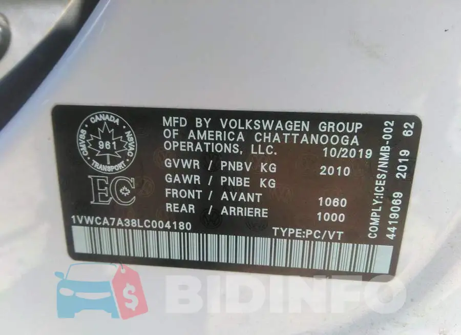 1VWCA7A38LC004180 Photo# 9