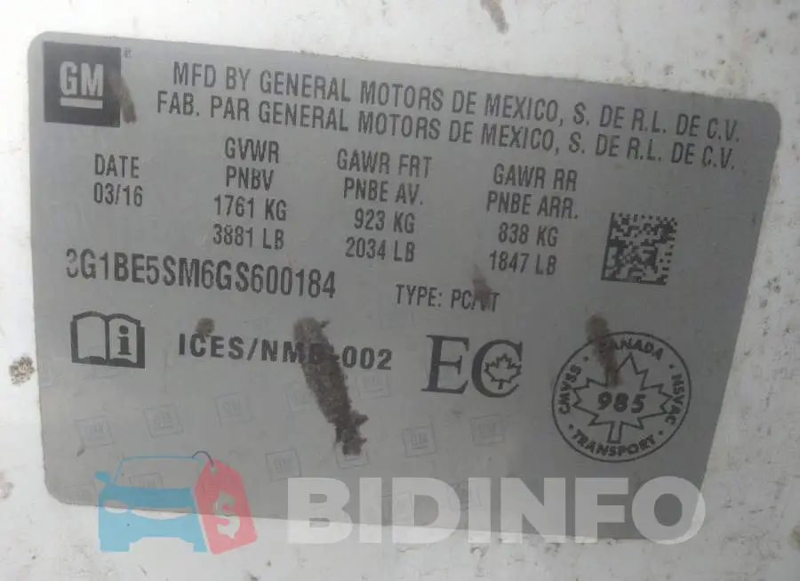 3G1BE5SM6GS600184 Photo# 9