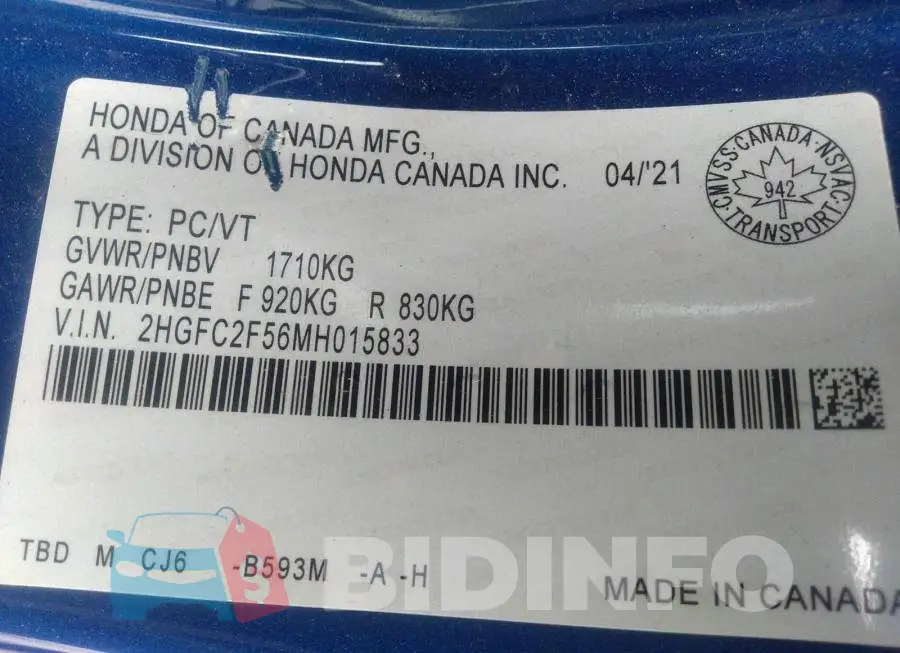 2HGFC2F56MH015833 Photo# 9