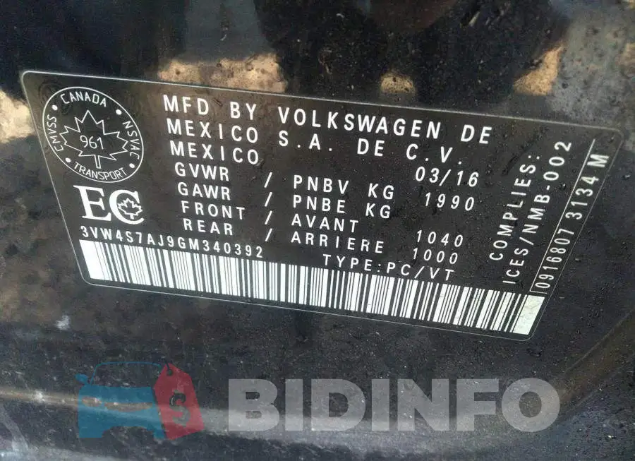 3VW4S7AJ9GM340392 Photo# 9