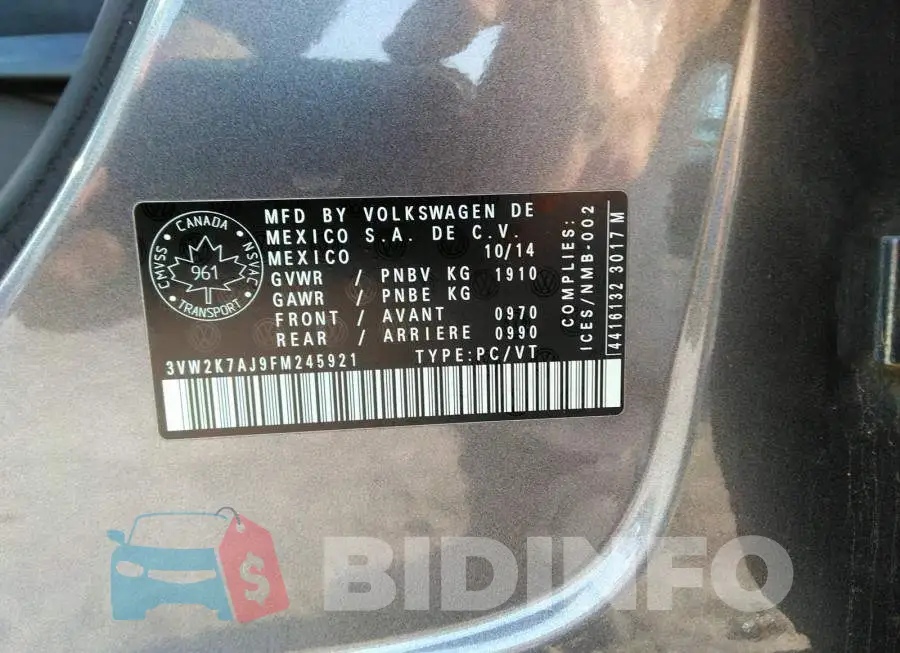 3VW2K7AJ9FM245921 Photo# 9
