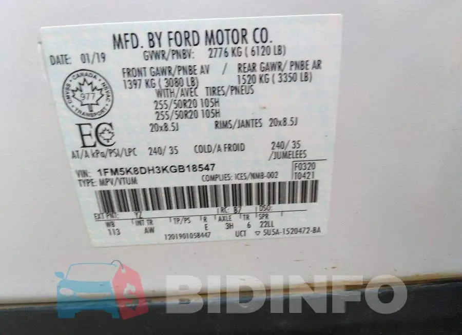 1FM5K8DH3KGB18547 Photo# 9