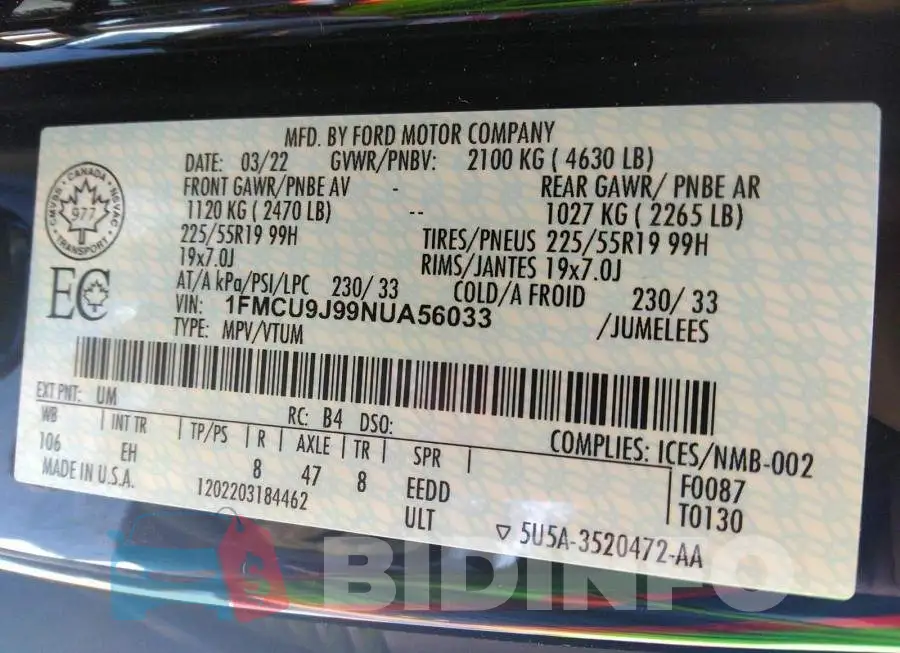 1FMCU9J99NUA56033 Photo# 9