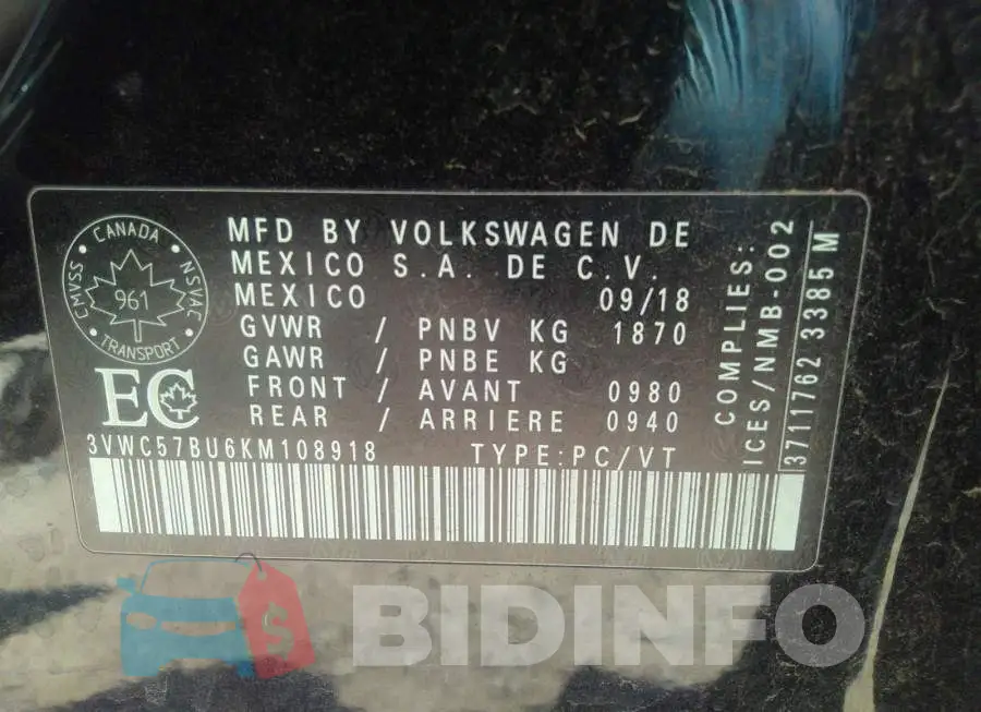 3VWC57BU6KM108918 Photo# 9