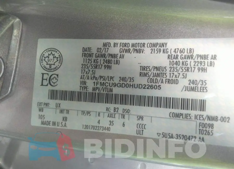 1FMCU9GD0HUD22605 Photo# 9
